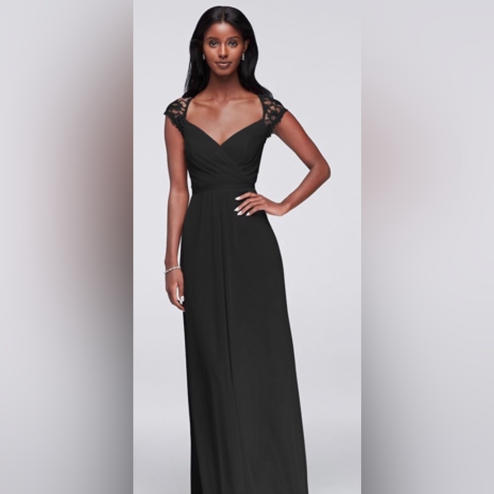 🎉HP🎉NWT Davids Bridal Bridesmaid Dress Long Mesh w/ Lace Cap Sleeves Black, 6